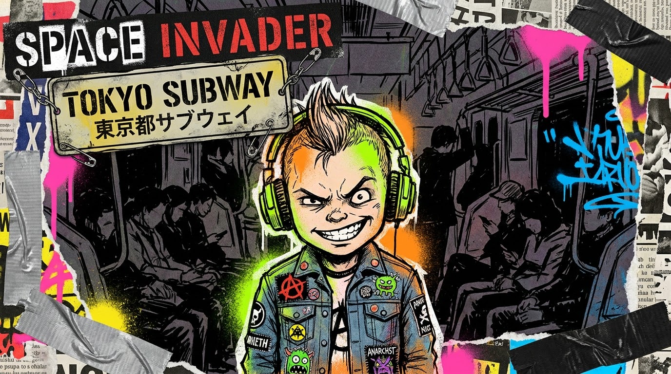 満員電車を背景にヘッドホンを着けたパンク風の子供を描いた「まんいんでんしゃのルール」のイメージ画像
